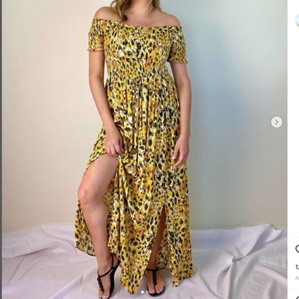 Mystree Yellow Leopard-Print Off-Shoulder Maxi Dress